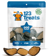 123 Treats Hueso de vaca relleno, frontal, masticación prolongada para perros.