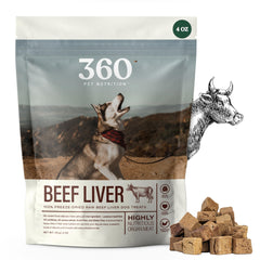 360 Pet Nutrition: frontal de hígado deshidratado, snack proteico para perros.