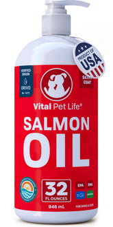 Vital Pet Life aceite de salmón para perros y gatos en bote, mejora brillo del pelaje.