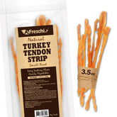 A Freschi srl tendones de pavo para perros, empaque práctico para snack.