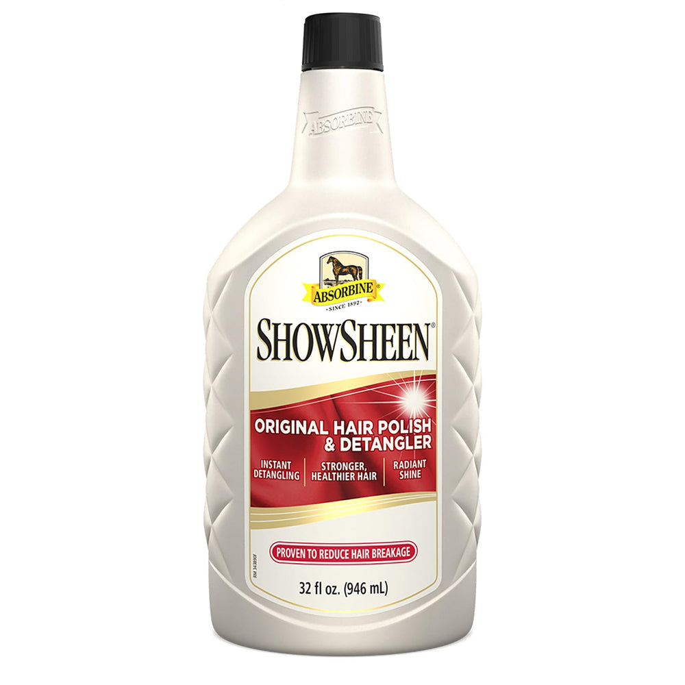 Botella Absorbine ShowSheen frente a la vista, listo para uso y brillo.