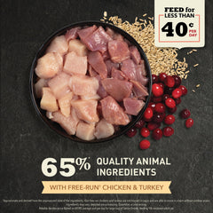 ACANA 65 por ciento de ingredientes animales para dieta equilibrada.
