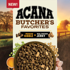 Trozos de pollo jerky en ACANA Butcher's Favorites, proteína sabrosa para recompensas equilibradas.