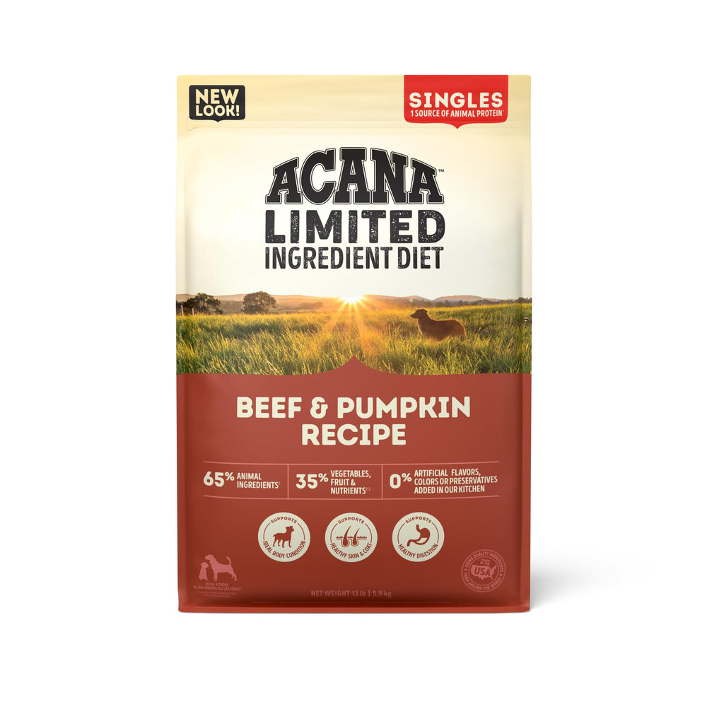 ACANA Singles Res-Calabaza, bolsa de 13 lb frente, ideal almacenamiento y proteína alta para perros.
