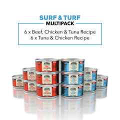 ACANA Surf y Turf lata atún-pollo de 3oz, sabor equilibrado para gatos.