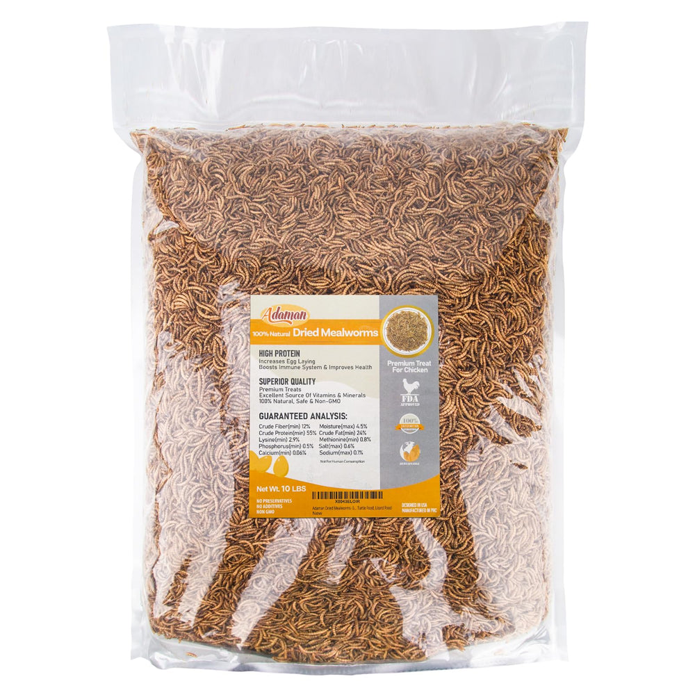 Adaman gusanos de harina secos en bolsa abierta, snack proteico para aves.