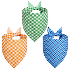 Bandanas Agroon de doble cara en naranja, azul y verde para perros; estilo reversible.