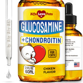 Alfa Love Pets glucosamina líquida para gatos, frente del frasco destaca articulaciones y movilidad