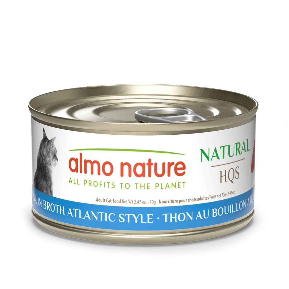 HQs Natural de Almo Nature atún en caldo Atlántico, lata abierta, sabor apetitoso para gatos