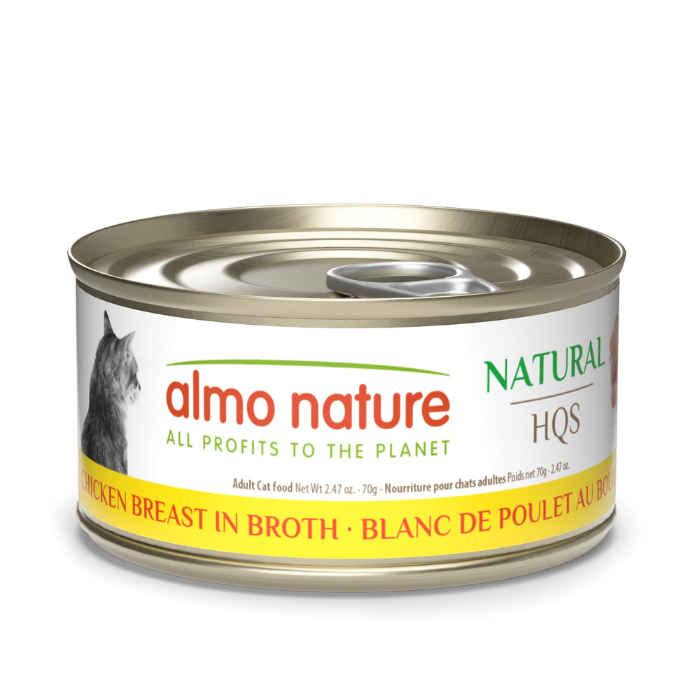 Almo Nature HQS Natural, pechuga de pollo deshilachada en caldo, proteína de calidad para gato.