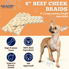 Amazing Dog Treats paquete de 15 trenzas de cachete de res como snack proteico para perros activos.