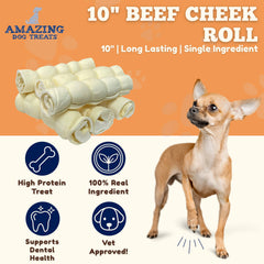Amazing Dog Treats: rollos de carrillo de res 10 pulgadas, masticación dura para perros grandes.