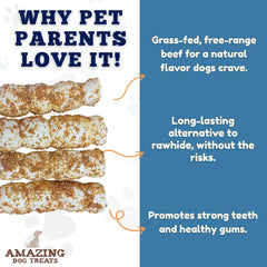 Amazing Dog Treats, rollos de mejilla de res para perros potentes y activos.