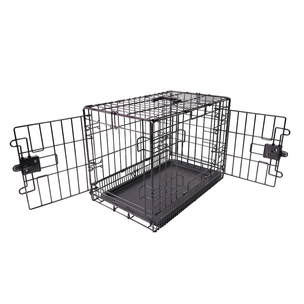 Amazon Basics jaula para perro de metal plegable con doble puerta, ideal para uso diario.