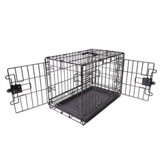 Amazon Basics jaula para perro de metal plegable con doble puerta, ideal para uso diario.
