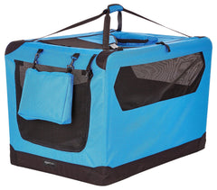 Amazon Basics jaula para perros plegable azul con entrada superior y frontal para fácil acceso.