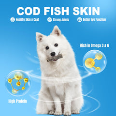 Amzey Cod Skin masticables, textura aire-deshidratada, sabrosos para premiar y limpiar dientes.