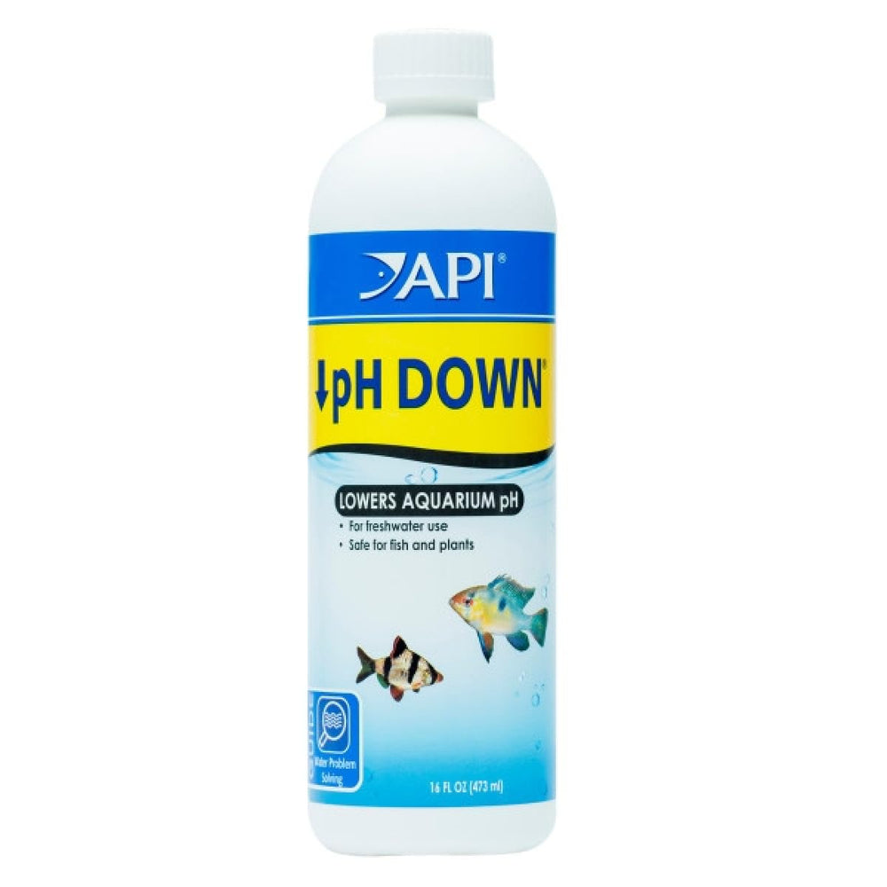 Botella API pH Down de 16 oz lista para ajustar el pH del acuario.