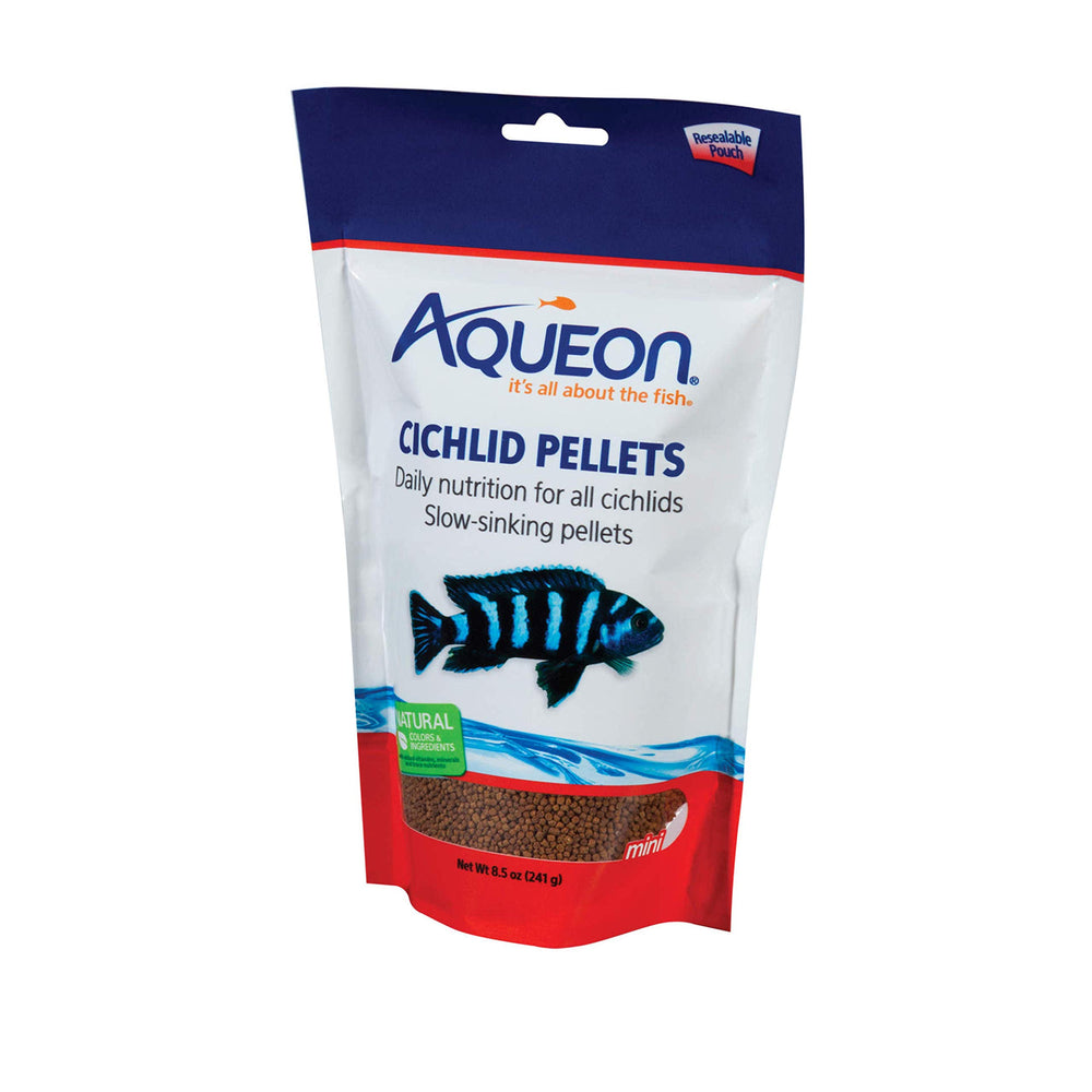 Alimento Aqueon Cichlid Mini: presentación del envase, fácil de dosificar.