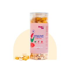 Arya Sit! frasco con mordiscos liofilizados balanceados, snack sabroso para perros y gatos.