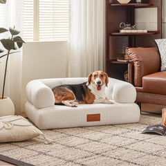 ATJafurn sillón para perros blanco con pelo falso, vista frontal para dormir cómodo.