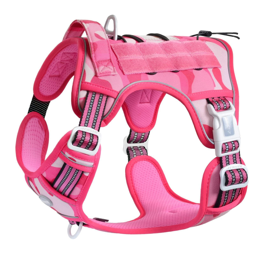 AUROTH arnés táctico rosa camuflaje, vista frontal, cómodo para paseos diarios.