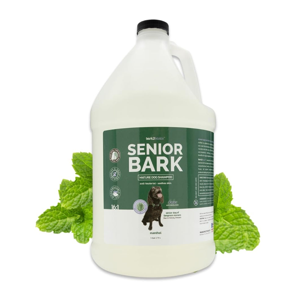 Bark2Basics Senior Bark Shampoo en botella de 1 galón, ideal para perros mayores.