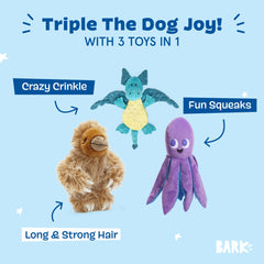 Gordon el perezoso de BarkBox, pelaje largo para masticar y abrazar