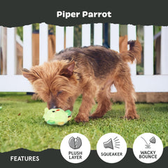 Piper Parrot de BarkBox, base inestable que añade movimiento impredecible.