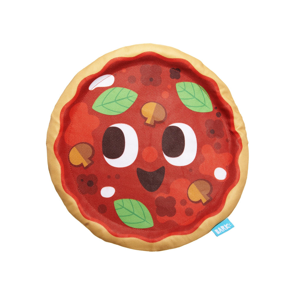 Signore Pizza Face de BarkBox, juguete pizza sin pelusa para juegos limpios y divertidos.