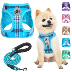 BEAUTYZOO arnés para perro pequeño, vista frontal, cómodo y seguro con diseño plaid.