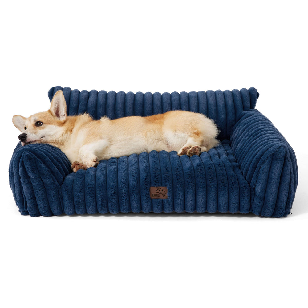 Bedsure ComfyFleece: sofá para perros medianos de 36in, azul noche, cómodo y estable para descansar.