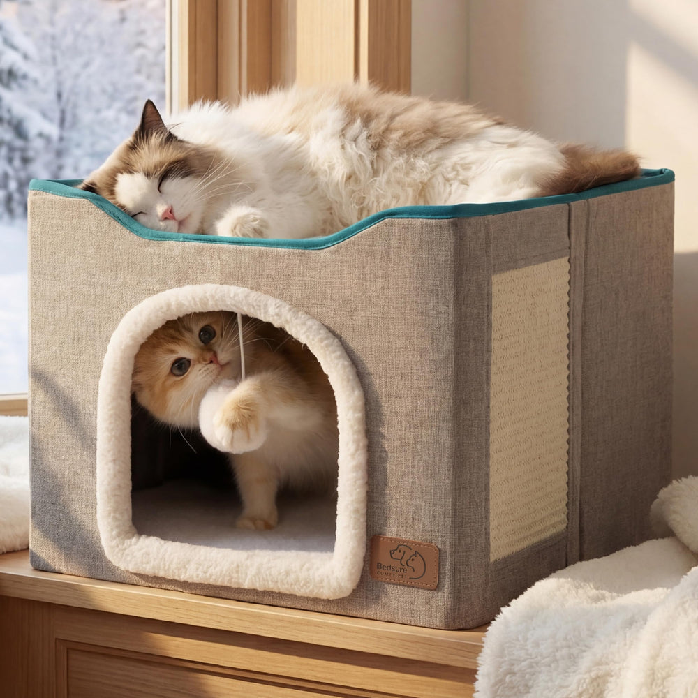 Bedsure cueva para gatos gris, vista exterior, refugio privado para siestas cómodas