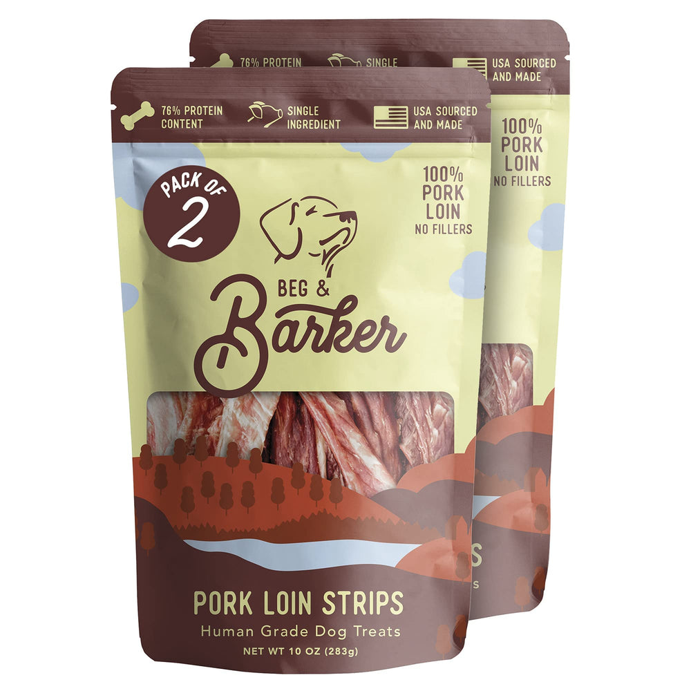 Jerky Beg & Barker de cerdo para perros en empaque, snack rico en proteína.