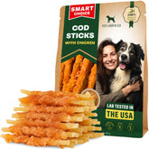 Golosinas Beloved Pets palitos de bacalao envueltos en pollo para perros, masticación duradera.