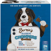 Bernies masticables dentales en empaque, limpieza bucal diaria para perros grandes.