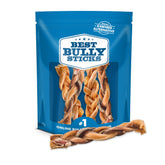 Best Bully Sticks tiras trenzadas 6 pulgadas para perros grandes, promueven masticación prolongada.