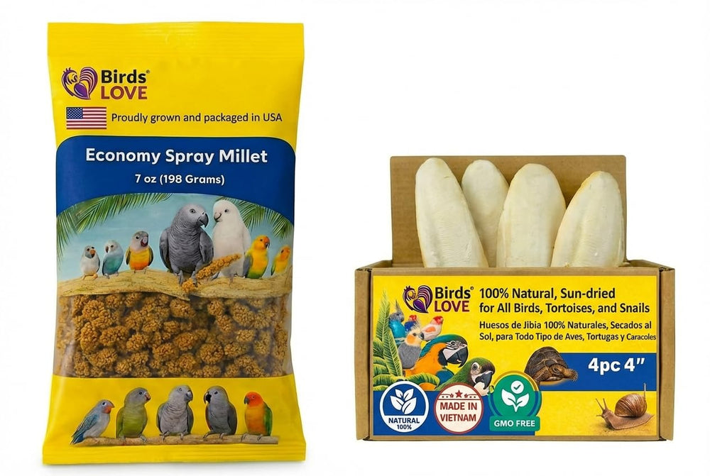 Birds LOVE Farm to Feathers mijo en spray para aves, promueve exploración y consumo natural.