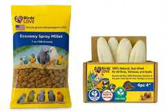 Birds LOVE Farm to Feathers mijo en spray para aves, promueve exploración y consumo natural.
