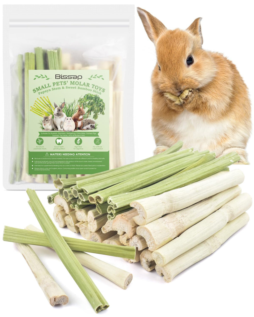 Bissap palitos masticables para conejo en empaque seguro, ideal para almacenamiento prolongado.