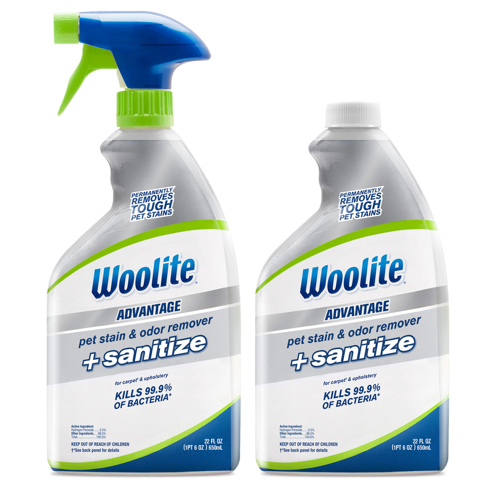 Bissell Woolite Adv, botella, elimina manchas de mascotas y desinfecta suavemente.