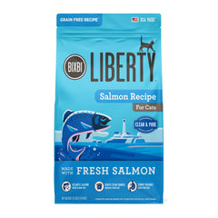 BIXBI Liberty: empaque frontal destacando salmón sostenible para gatos