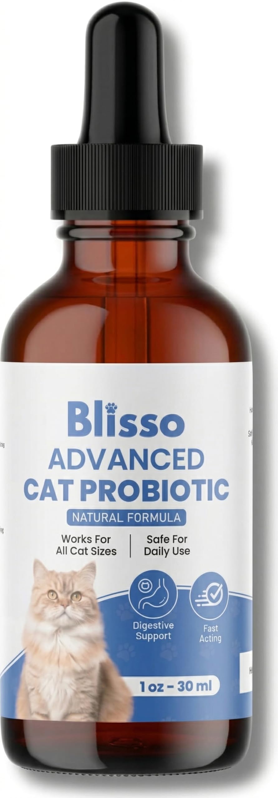 Blisso Gotas Probióticas para Gatos, botella de 1 onza, apoyo digestivo diario.