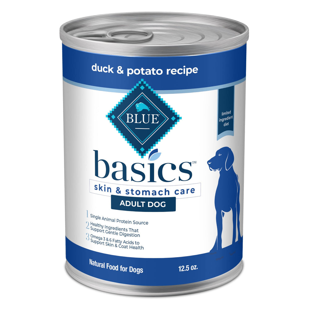 Blue Buffalo Basics frente de lata con pato y patata, ingrediente principal