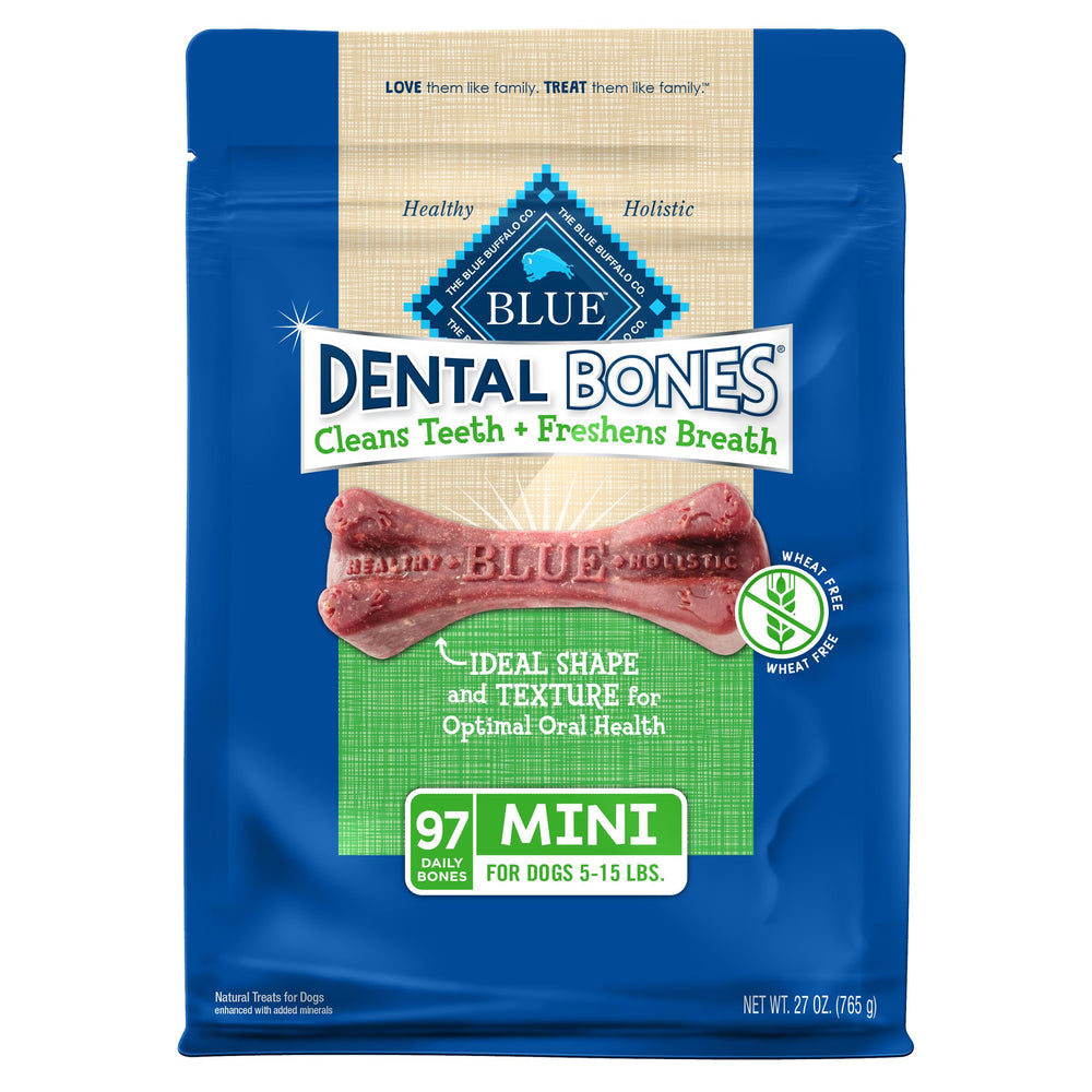 Blue Buffalo Dental Bones Mini: empaque frontal, ideal para perros pequeños.