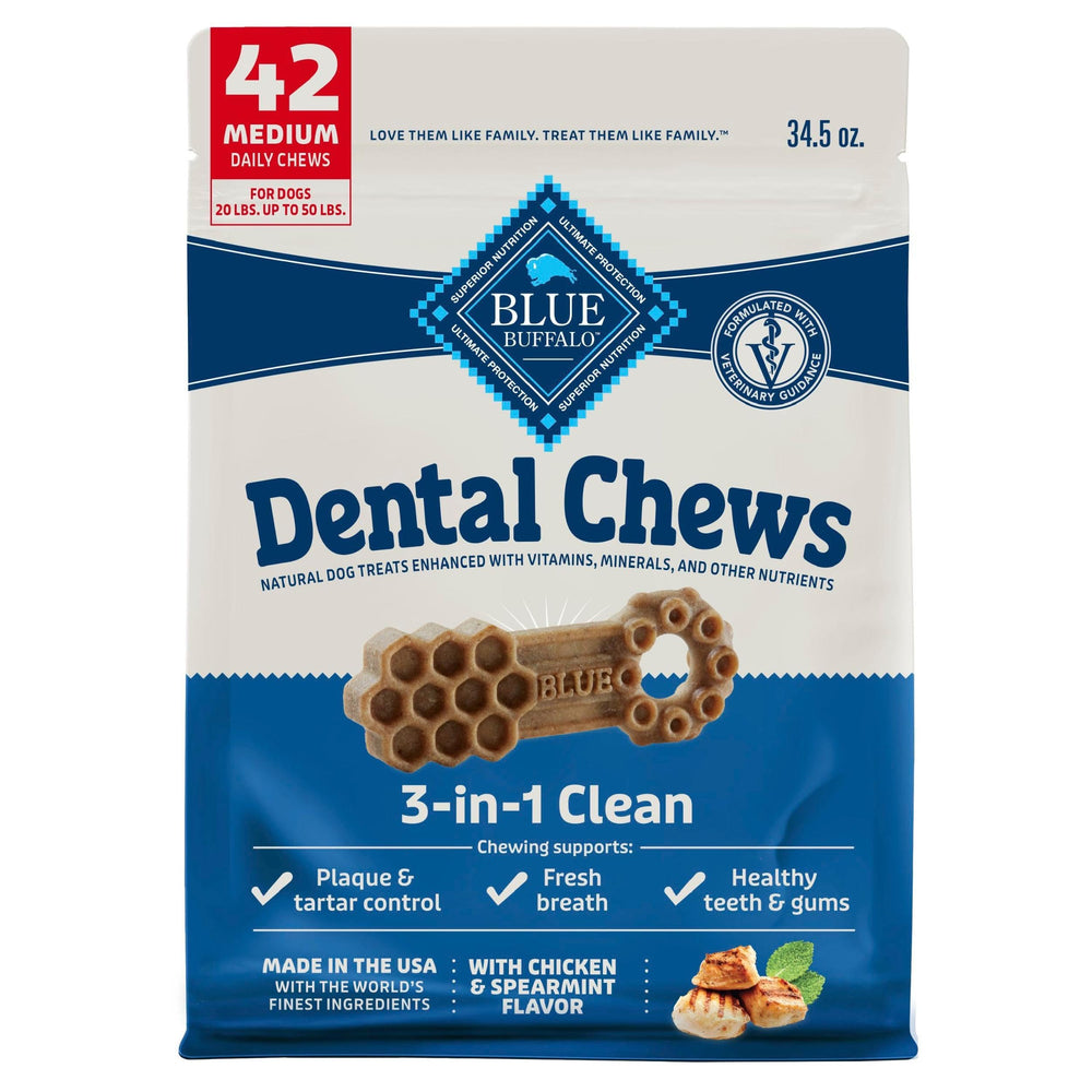 Blue Buffalo Dental Chews, bolsa 34.5 oz, ideal para cuidado dental diario.