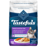 Blue Buffalo Tastefuls frente de envase, alimento seco para gatos activos, sabor natural.