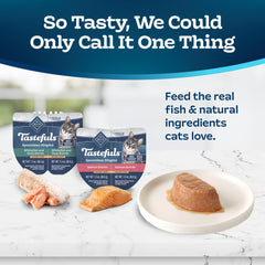 Blue Buffalo Tastefuls troceador integrado en tapa facilita servir sin utensilios.