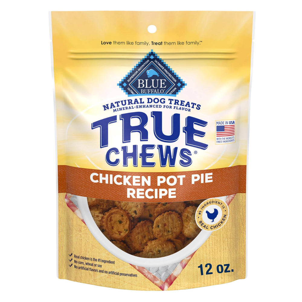 Blue Buffalo True Chews chicken pot pie bag showing real ingredients for healthy rewards