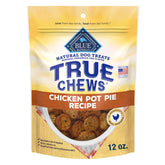 Blue Buffalo True Chews chicken pot pie bag showing real ingredients for healthy rewards